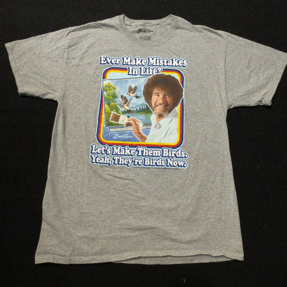 Bob Ross T-Shirt Mens Large Happy Accidents Birds Graphic Tee Gray‎